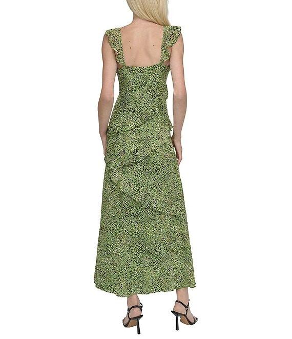 DKNY by Donna Karan Chiffon Dotted Print V Neck Sleeveless Ruffle Sheath Dress Product Image