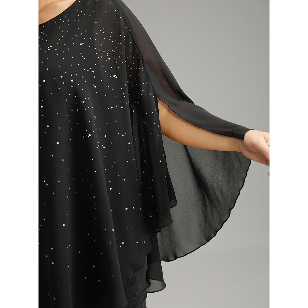 Plus Size Black Chiffon Rhinestone Split Dolman Sleeve Blouse Women Cocktail Elbow-length sleeve Round Neck Party Blouses BloomChic 18-20/2X Product Image