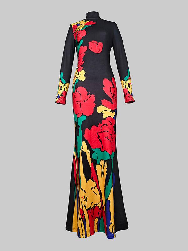 Skinny Flower Print Multi-Colored High Neck Maxi Dresses Product Image