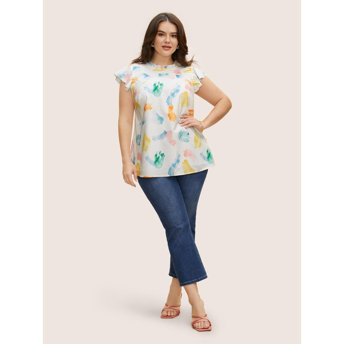 Plus Size Multicolor Brush Print Pleated Ruffle Cap Sleeve Blouse Women Elegant Cap Sleeve Mock Neck Everyday Blouses BloomChic 26/4X Product Image