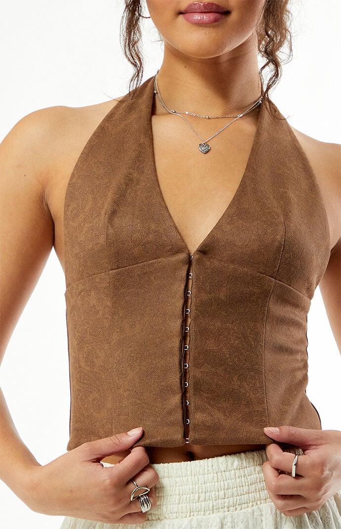 Paisley Faux Suede Hook-And-Eye Halter Top Product Image