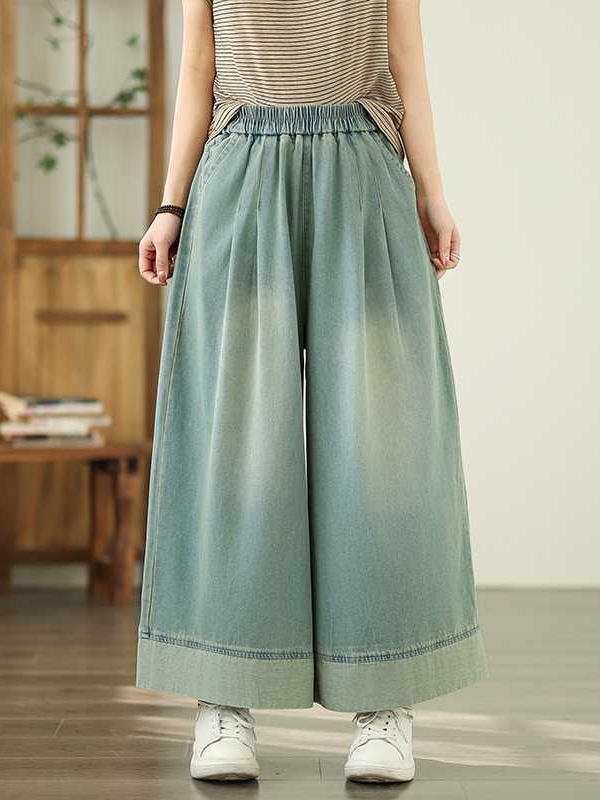Loose Wide Leg Elasticity Pleated Pockets Jean Pants Bottoms Trousers Product Image