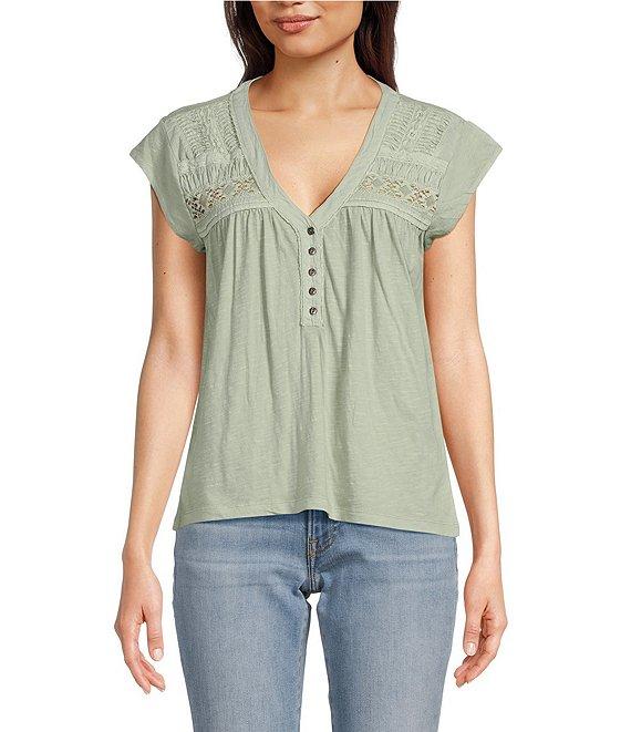 Lucky Brand Solid V-Neck Cap Sleeve Lace Trimmed Henley Tee Product Image