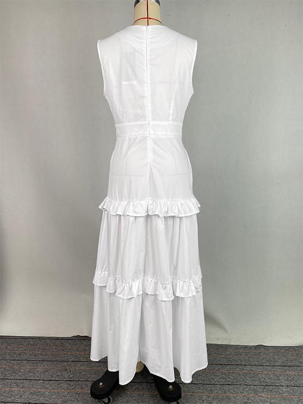 A-Line High Waisted Buttoned Pleated Pockets Solid Color Split-Joint V-Neck Maxi Dresses Product Image