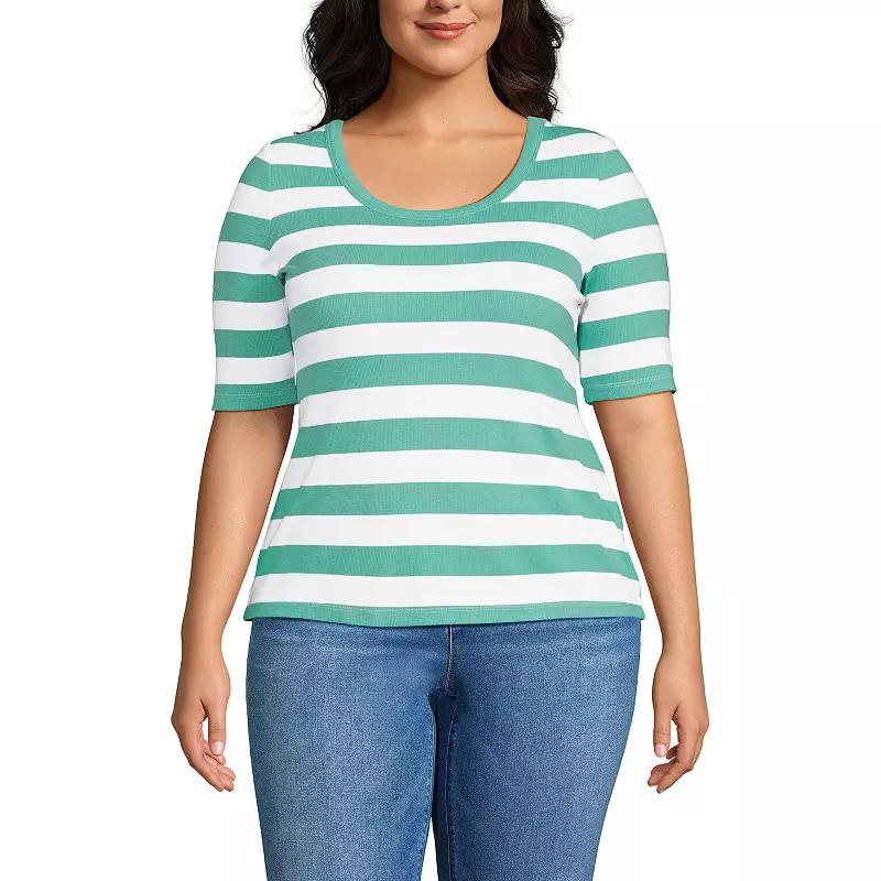 Plus Size Lands' End Drapey Rib Fitted Elbow Sleeve Scoop Neck Tee, Women's, Size: 3XL, Frosted Green Stripe Product Image