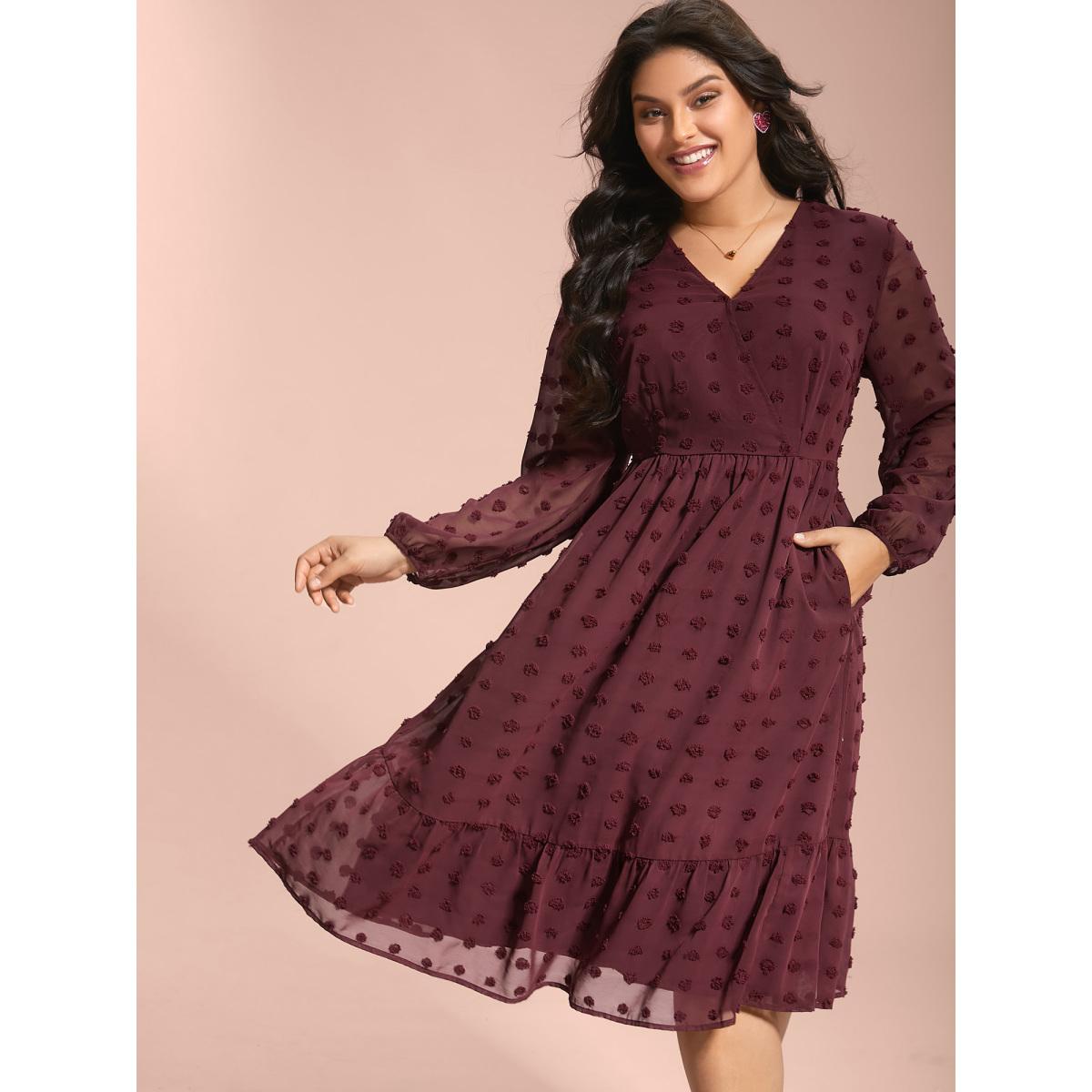 Plus Size Surplice Neck Textured Tiered Dress Burgundy Women Elegant Texture Overlap Collar Long Sleeve Curvy BloomChic 12/L Product Image