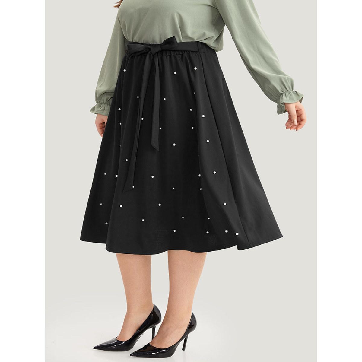 Plus Size Pearl Beaded Ties Cropped Skirt Women Black Elegant Beaded Low stretch Dailywear Skirts BloomChic 10/M Product Image