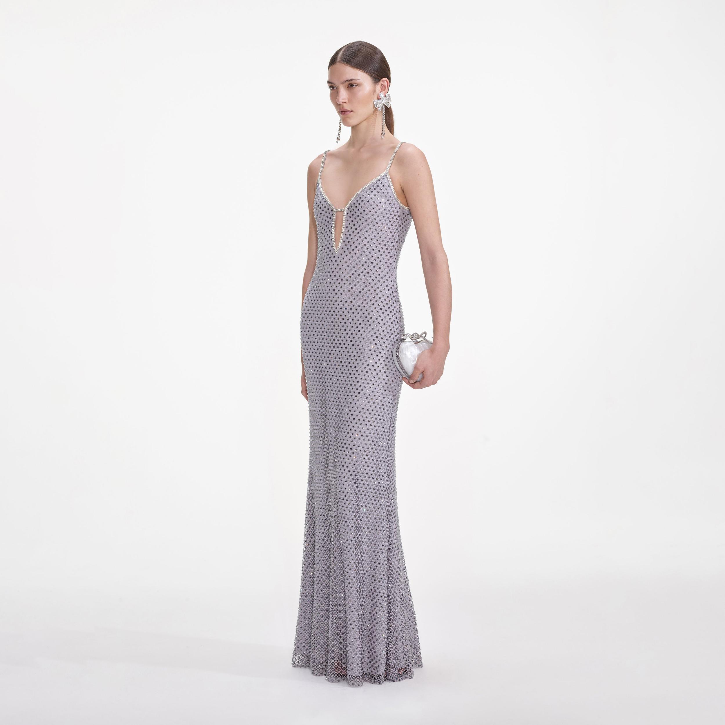 Grey Square Rhinestone Fishnet Maxi Dress Product Image