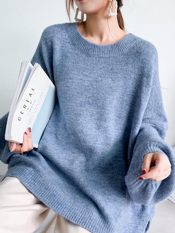 Stretch Mohair-Blend Balloon Sleeves Loose Solid Round-Neck Sweater Tops Product Image