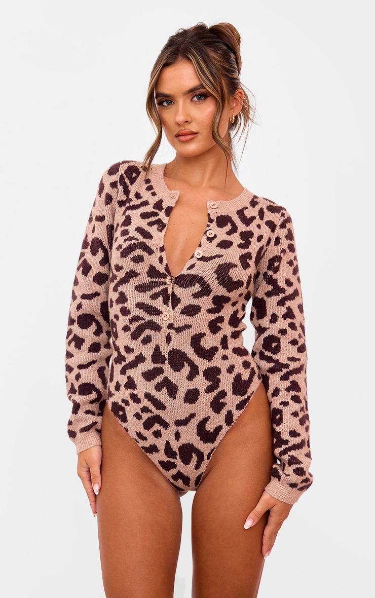 Leopard Soft Knit Button Up Bodysuit Product Image