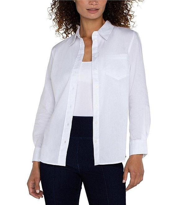 Liverpool Los Angeles Petite Size Cotton Poplin Collared Long Sleeve Button-Front Shirt Product Image