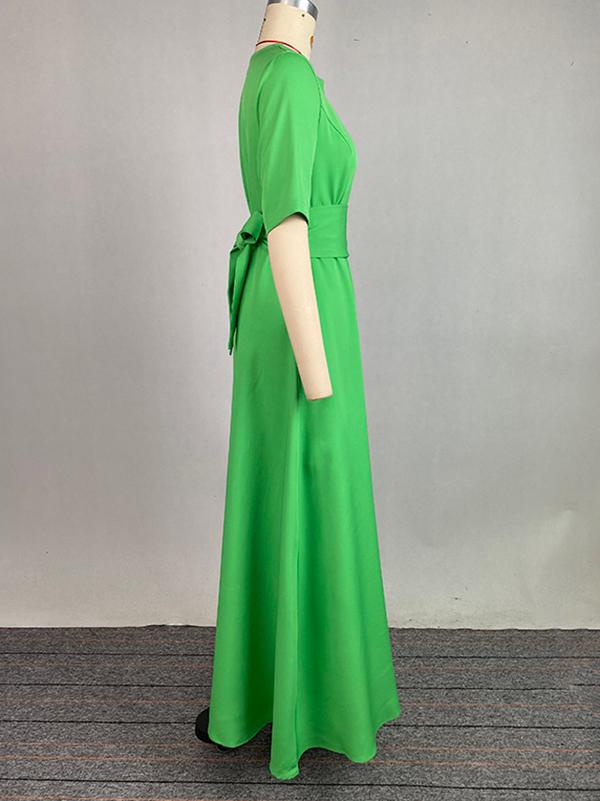 Half Sleeves High Waisted Solid Color Tied Waist V-Neck Maxi Dresses Product Image