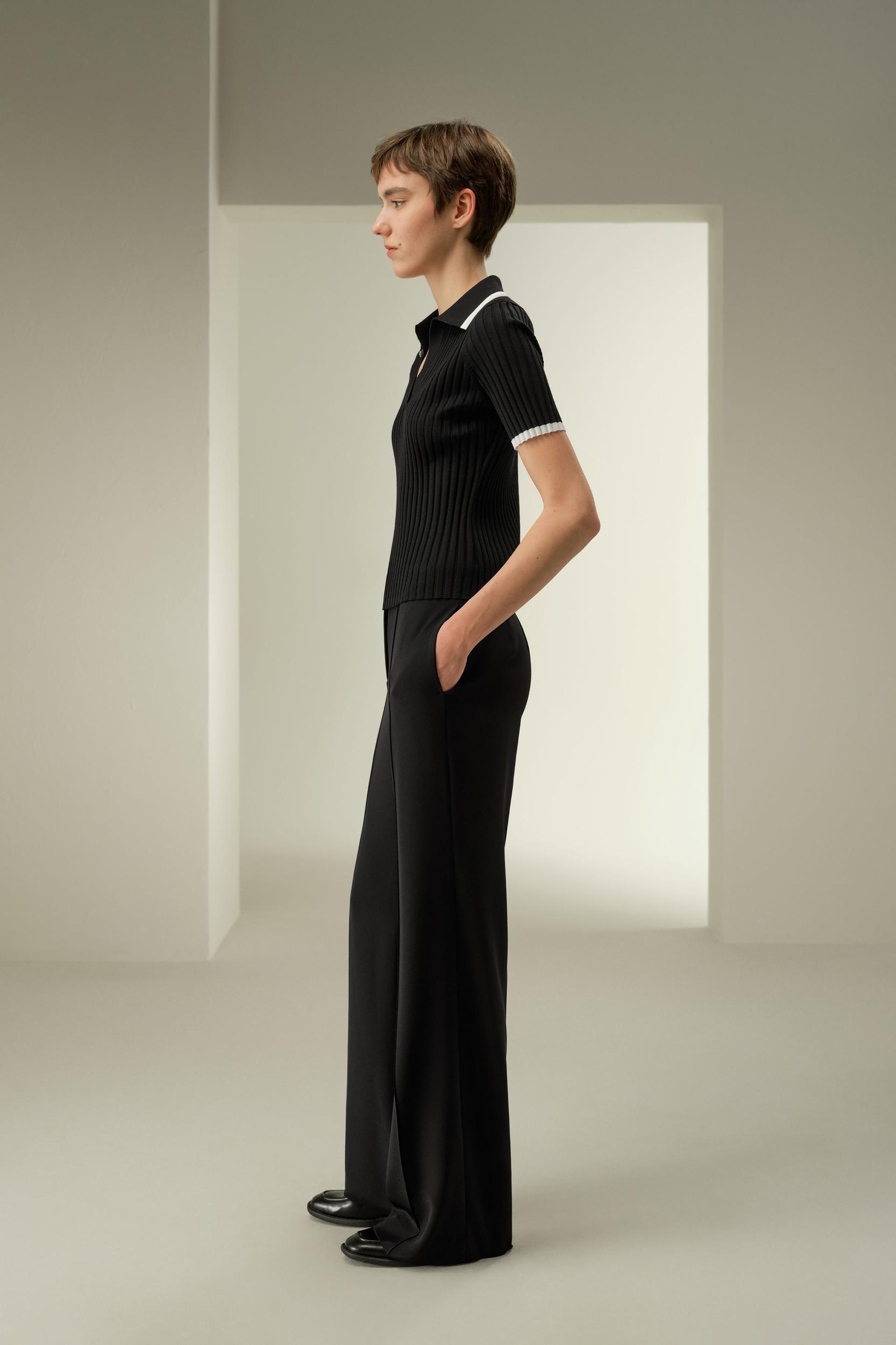 Slim Fit Silk Knit V-Neck Collared Top Product Image