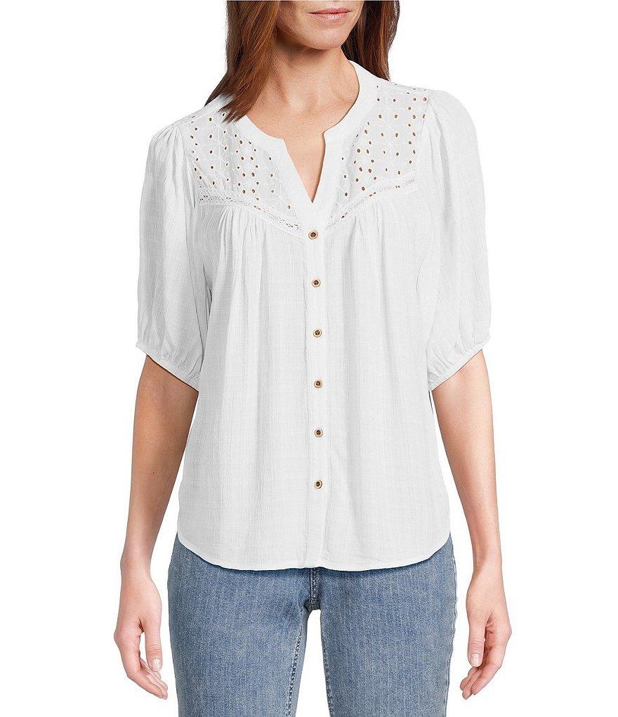 Nurture V-Neck Button Down Mixed Media Blouse Product Image