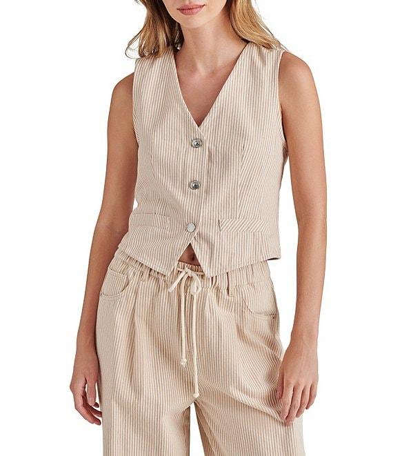Steve Madden Selene Stripe V-Neck Sleeveless Button Down Denim Vest Product Image