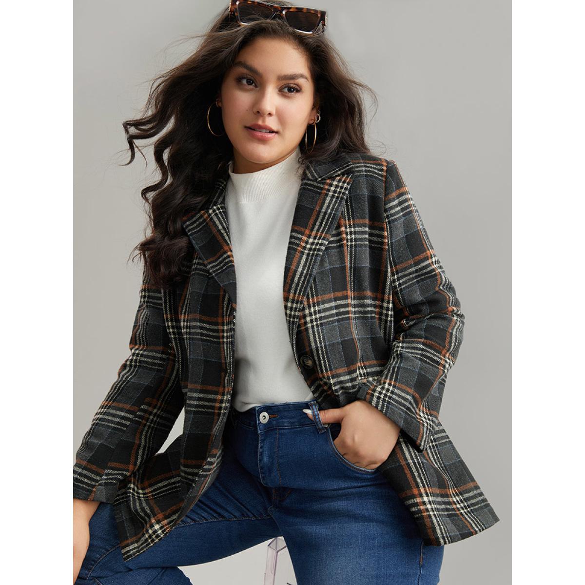 Plus Size Plaid Contrast Pocket Button Up Blazer Women Black Casual Contrast Ladies Dailywear Winter Coats BloomChic 18-20/2X Product Image