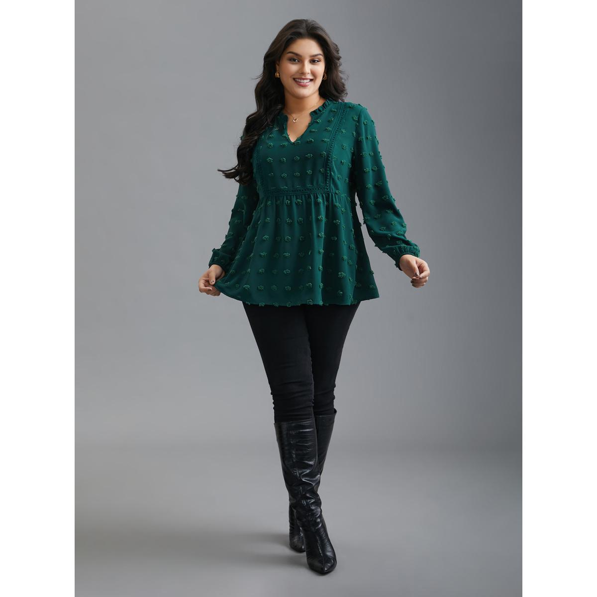 Plus Size DarkGreen Notched Collar Ruffle Trim Textured Blouse Women Elegant Extra Long Sleeve V-neck Everyday Blouses BloomChic 22-24/3X Product Image