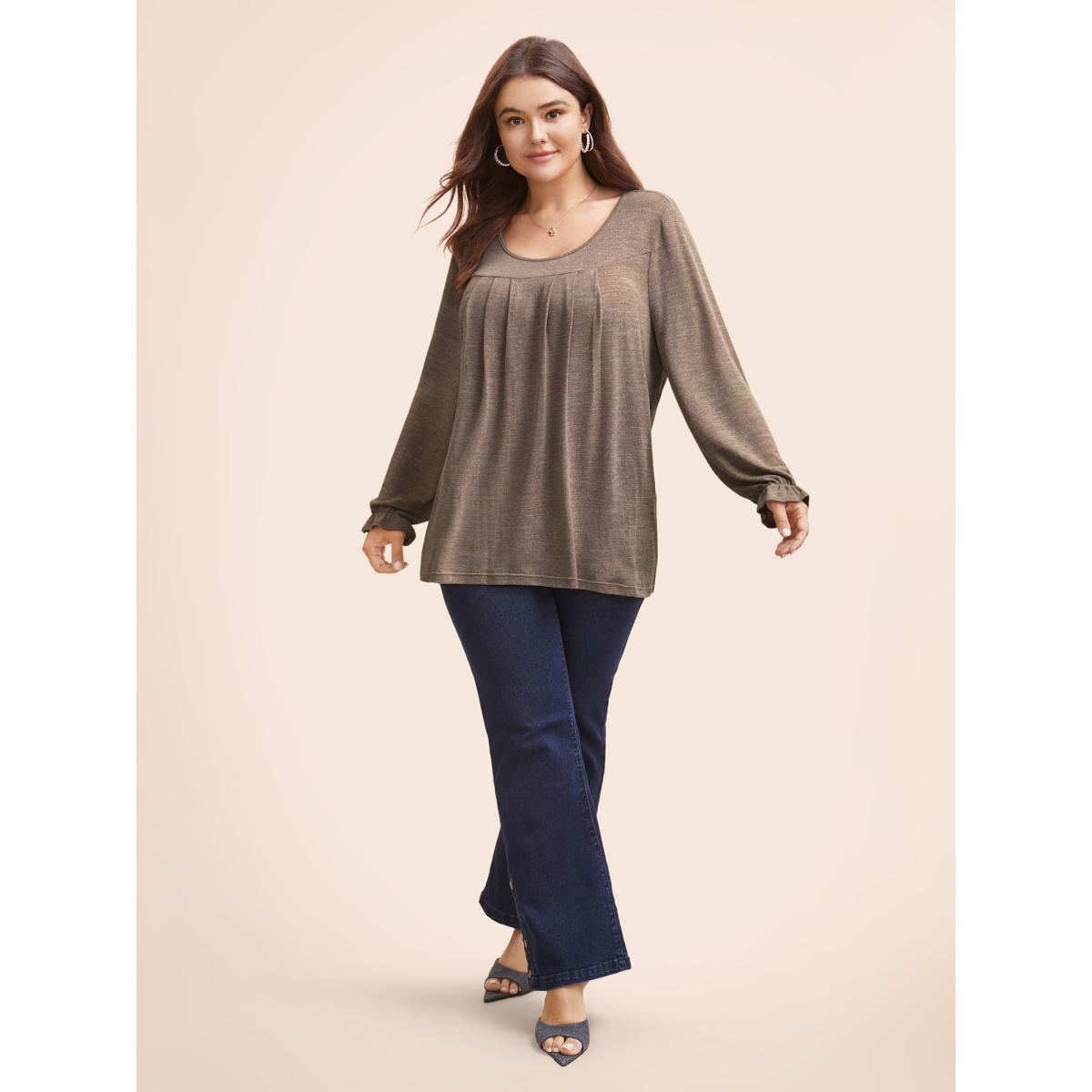 Plus Size Round Neck Heather Pleated T-shirt Mauve Women Leisure Pleated Round Neck Loose Casual T-shirts BloomChic 22-24/3X Product Image