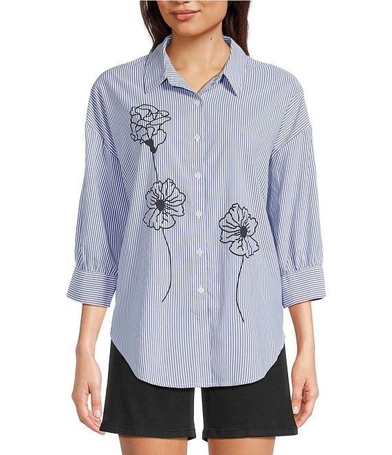 Charlie B. Woven Striped Floral Point Collar 3/4 Sleeve Blouse Product Image
