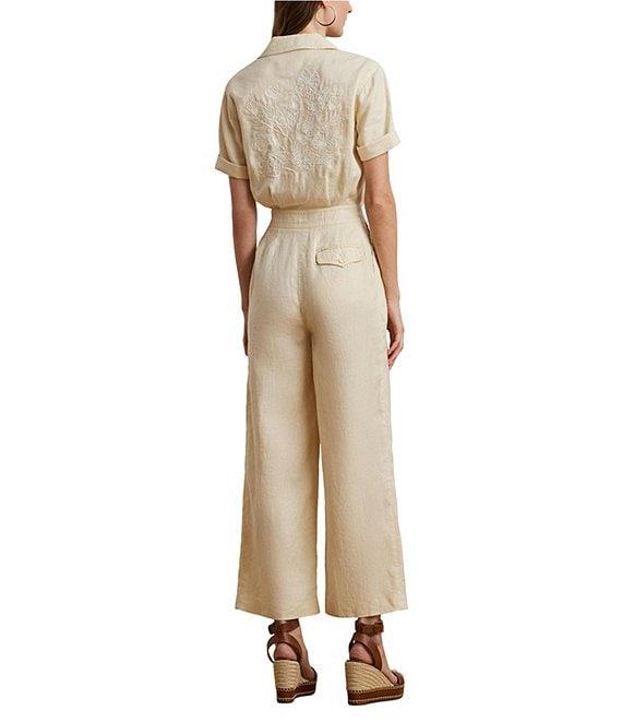 Lauren Ralph Lauren Linen Notch Collar Short Sleeve Embroidered Wide-Leg Jumpsuit Product Image