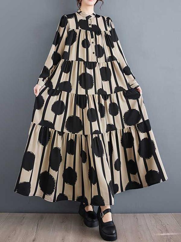 A-Line Long Sleeves Buttoned Pleated Polka-Dot Split-Joint Stand Collar Maxi Dresses Shirt Dress Product Image