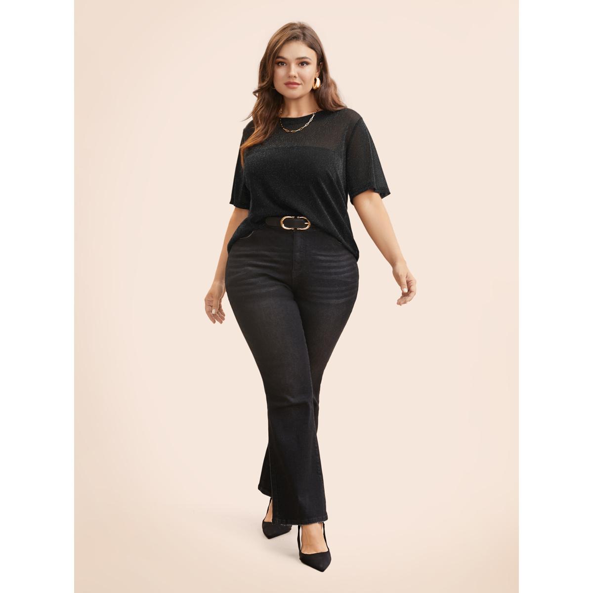 Plus Size Black Sheer Grid Neck Keyhole Blouse Women Short sleeve Round Neck Work Blouses BloomChic 14-16/1X Product Image
