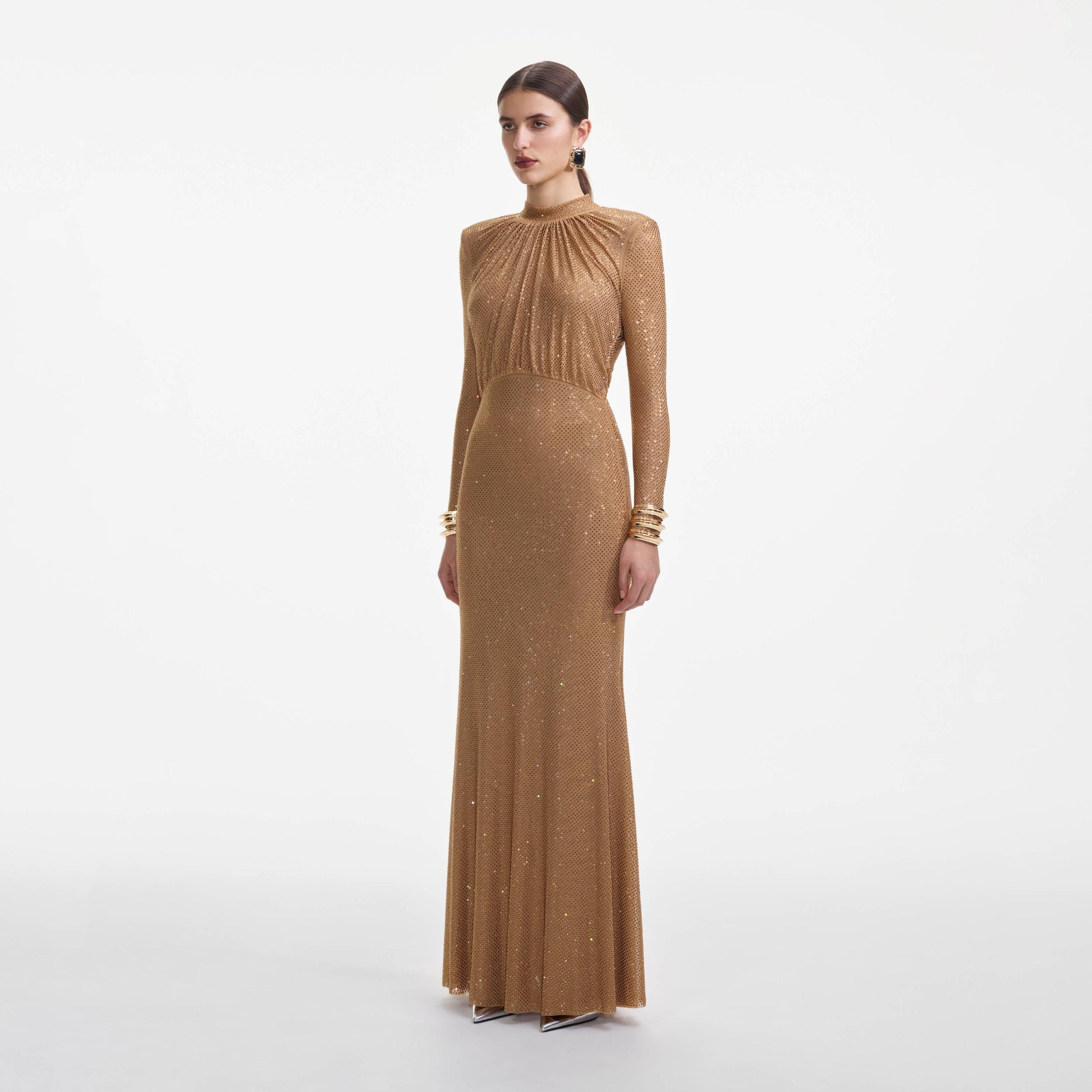 Brown Rhinestone Gathered Maxi Dress Product Image