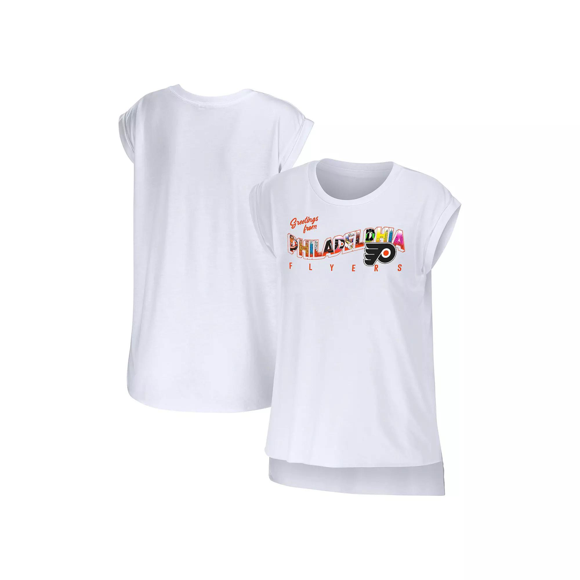 Women's WEAR by Erin Andrews White Philadelphia Flyers Greetings From Muscle T-Shirt,  Product Image