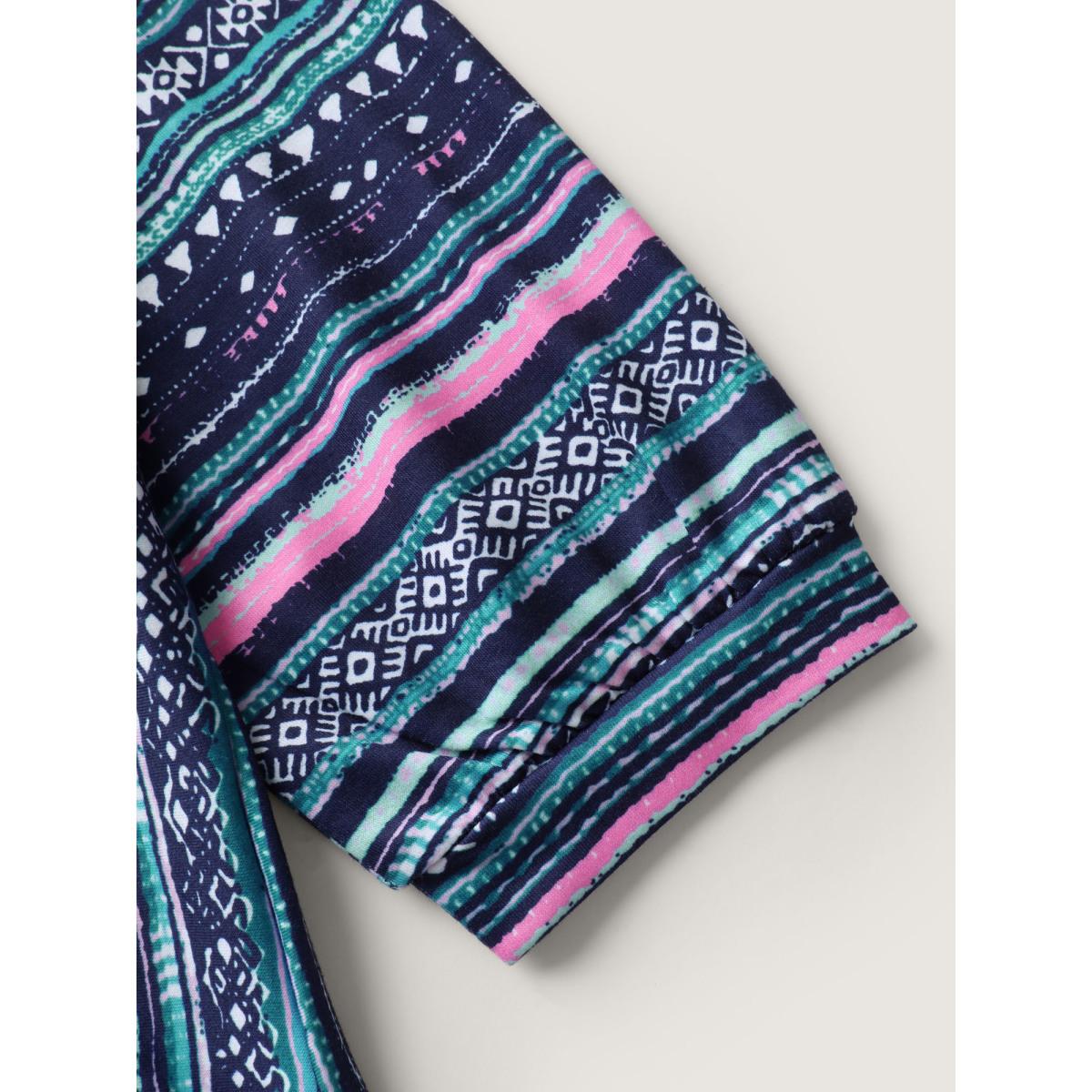 Plus Size Striped Drawstring Color Contrast Sweatshirt Women DarkBlue Boho Round Neck Vacation Sweatshirts BloomChic 26/4X Product Image