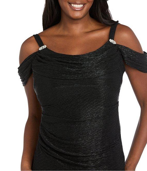 R & M Richards Festival Crinkle Cowl Neck Cold Shoulder Sleeve Metallic Gown Product Image