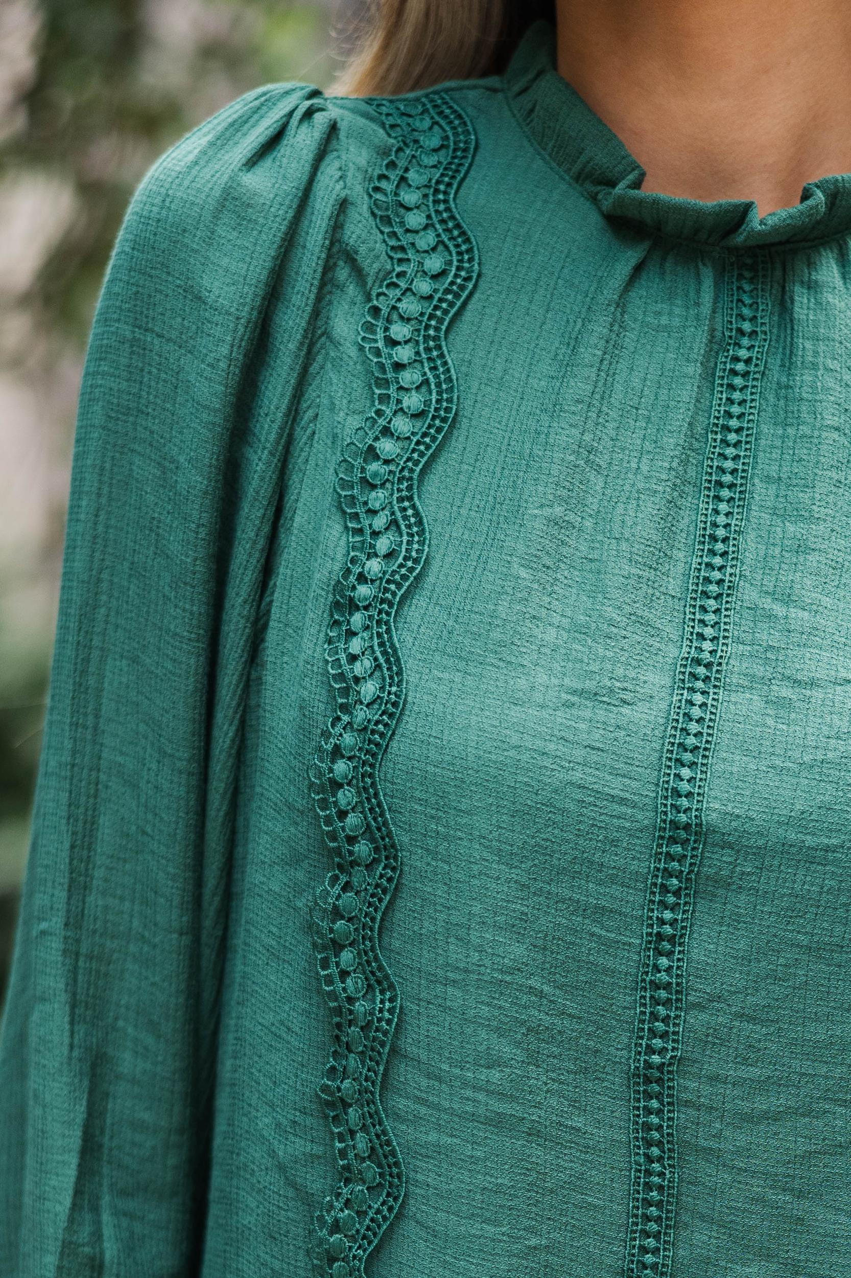 Wish You Were Here Emerald Green Crochet L/S Blouse Female Product Image