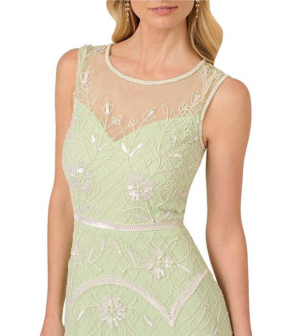 Adrianna Papell Beaded Mesh Crew Neck Sleeveless A-Line Midi Dress Product Image