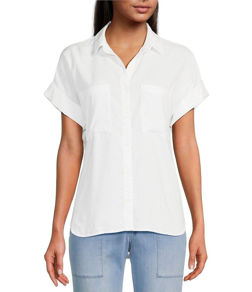 Cloth & Stone Woven Rolled Short Sleeve Point Collar Top Product Image