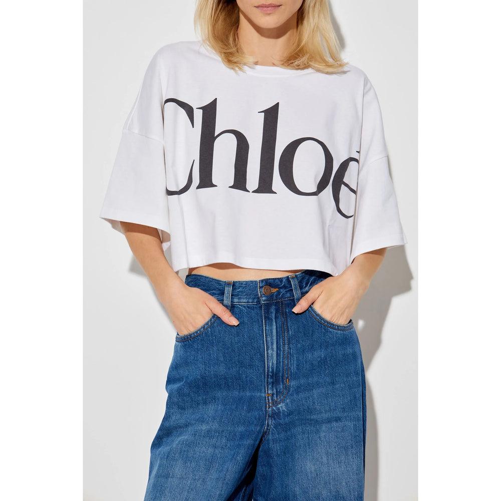CHLOÉ White Cropped Crewneck T-shirt With Maxi Logo Print On The Front In Cotton Woman In Multicolor Product Image