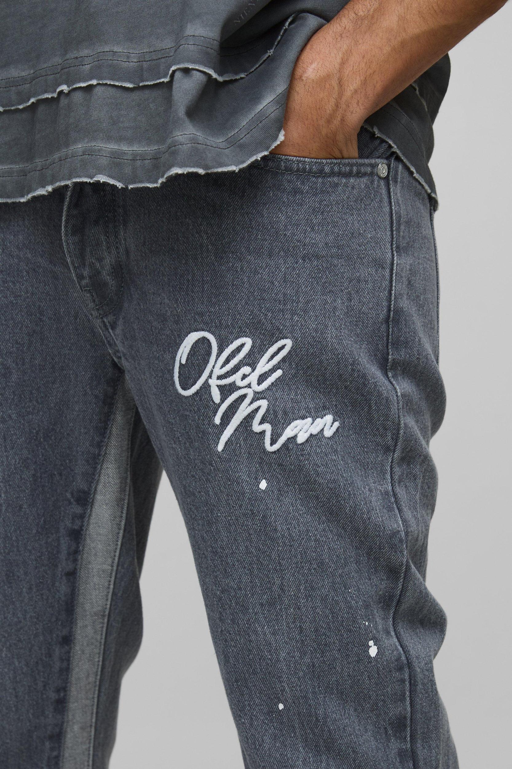 Slim Rigid Flare Embroidery Paint Splatter Gusset Denim Jeans | boohooMAN USA Product Image