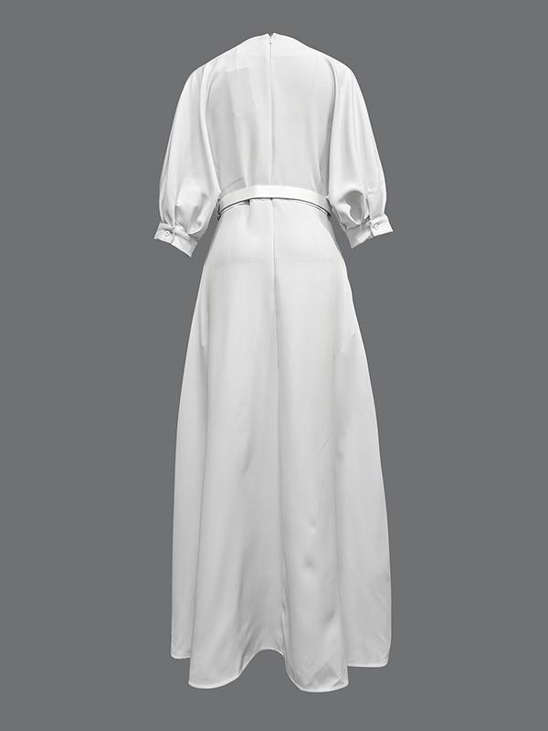 Half Sleeves Loose Belted Solid Color Deep V-Neck Maxi Dresses Product Image