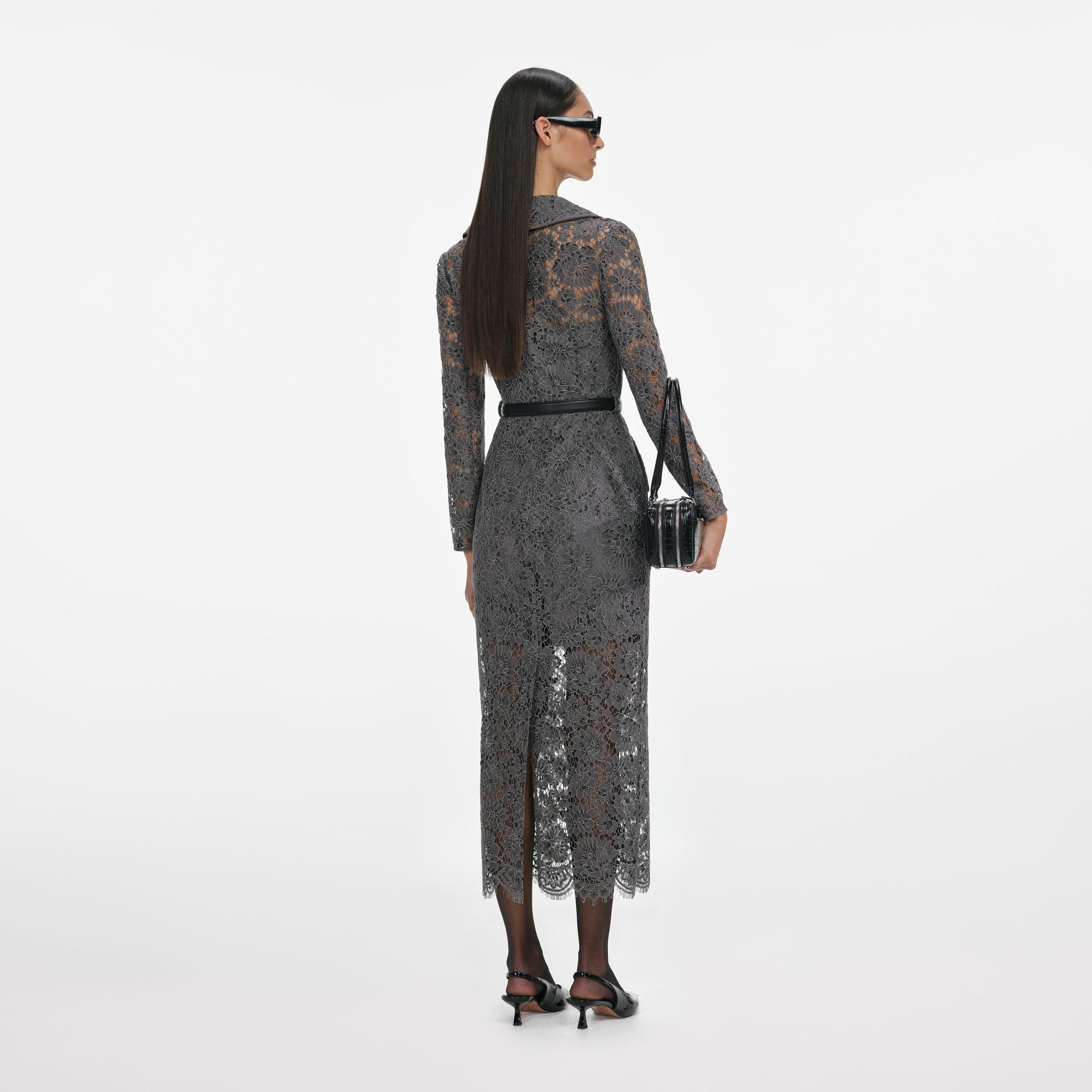 Grey Floral Lace Midi Dress Product Image