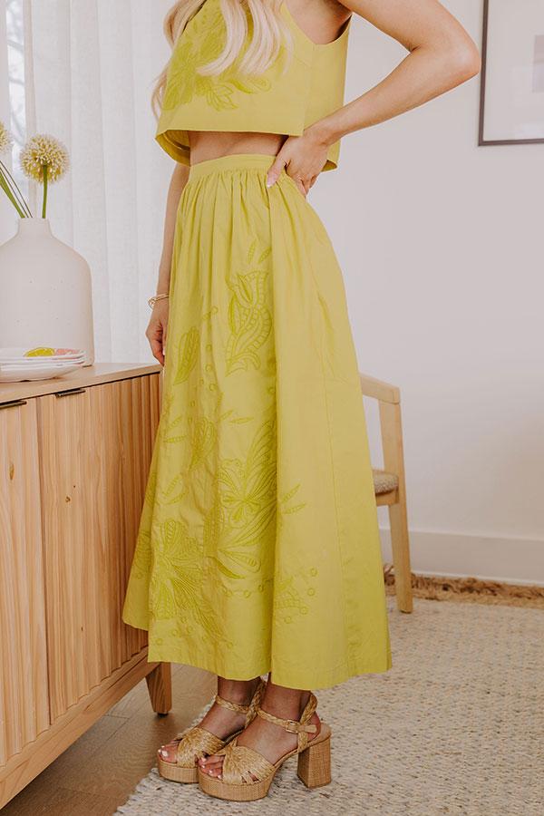 Vacay Bound High Waist Embroidered Midi Skirt in Lime Punch Product Image