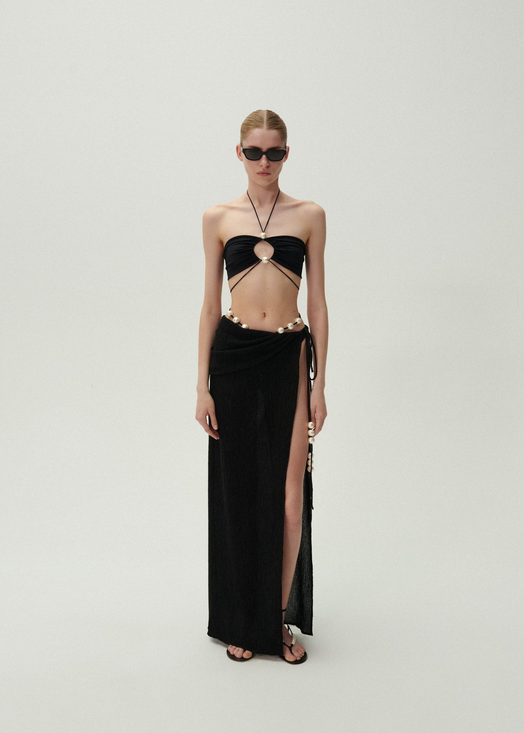 Asymmetrical pearl maxi skirt in black Product Image