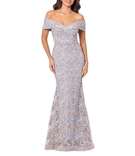Xscape Embroidered Off-the-Shoulder Short Sleeve Lace A-line Gown Product Image
