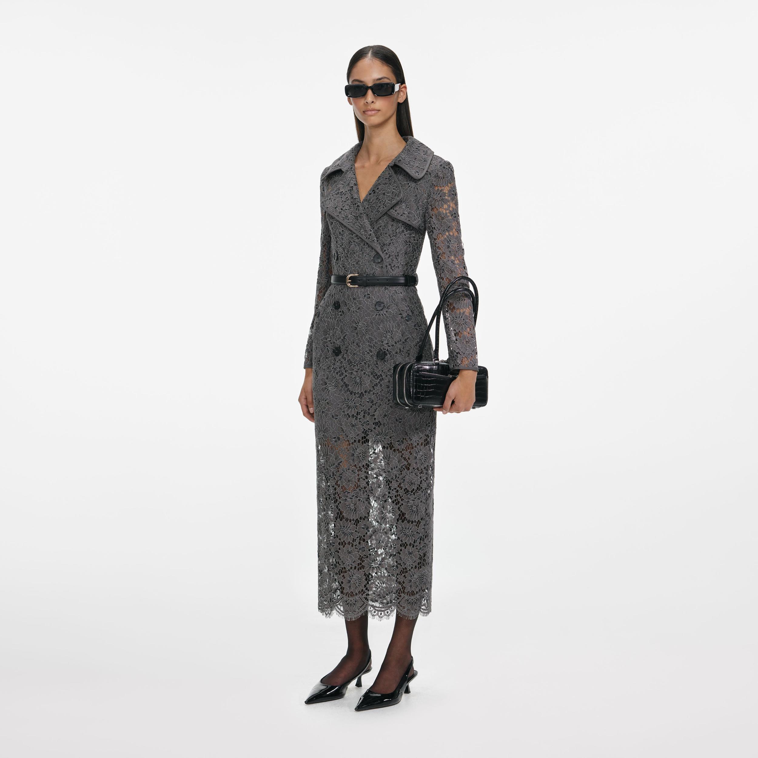 Grey Floral Lace Midi Dress Product Image