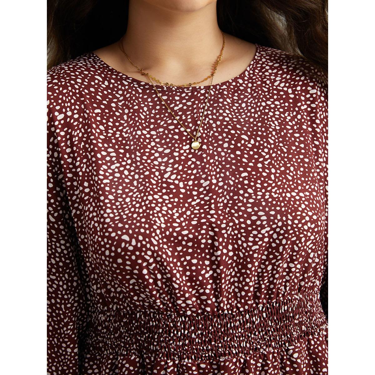 Plus Size Polka Dot Shirred Ruffles Pocket Dress Burgundy Women Casual Printed Round Neck Long Sleeve Curvy Midi Dress BloomChic 22-24/3X Product Image