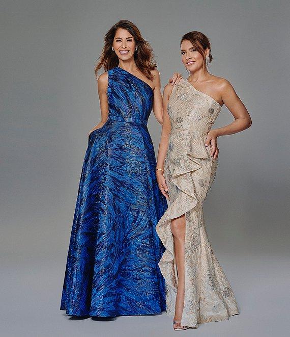 Xscape Brocade One Shoulder Sleeveless Side Pockets Front Slit Ball Gown Product Image