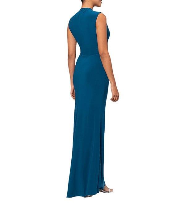 Betsy & Adam Ruched Mock Neck Sleeveless Gathered Pleat Gown Product Image
