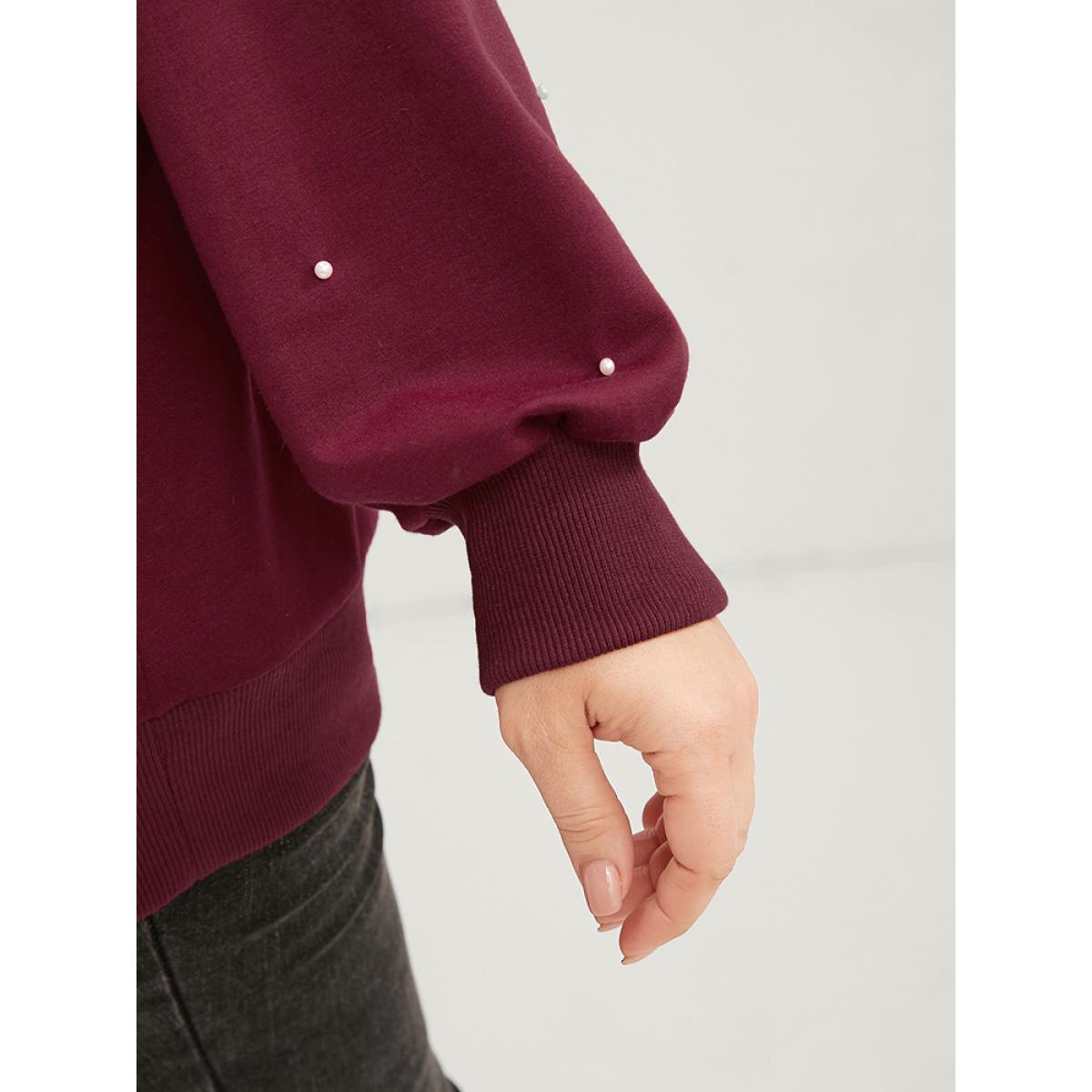 Plus Size Solid Pearls Beaded Raglan Sleeve Drop Shoulder Sweatshirt Women Scarlet Elegant Beaded Round Neck Dailywear Sweatshirts BloomChic 30/6X Product Image