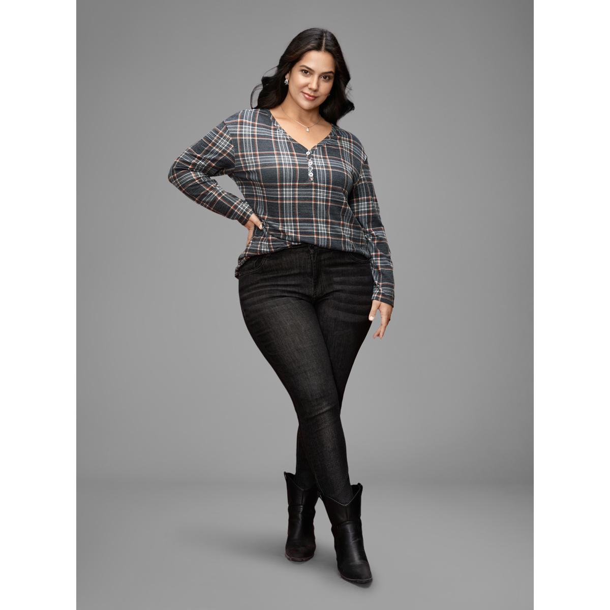 Plus Size Plaid V-neck Full Sleeves Slim-Fit Tee DimGray Women Casual Button V-neck Everyday T-shirts BloomChic 18-20/2X Product Image