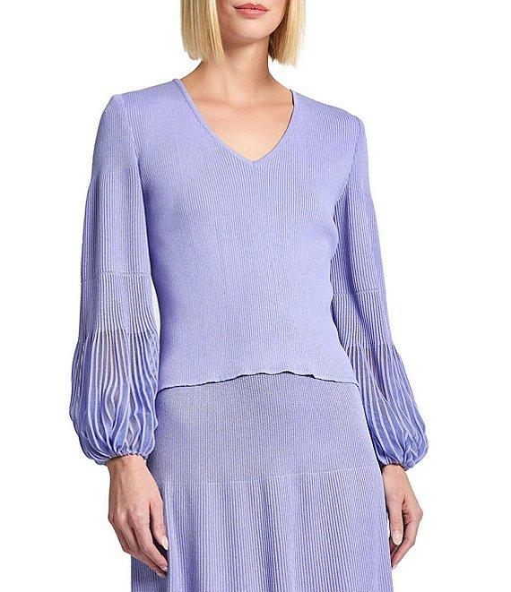 MISOOK Ribbed Knit V-Neck Sheer Bishop Sleeve Top Product Image