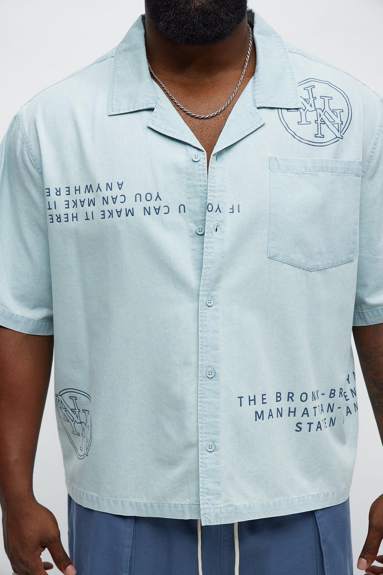 Denim Cuban Collar Button Up Shirt - Light Blue Wash Male Product Image