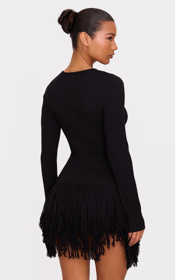Black Fine Knit Fringe Hem Long Sleeve Micro Mini Dress Product Image