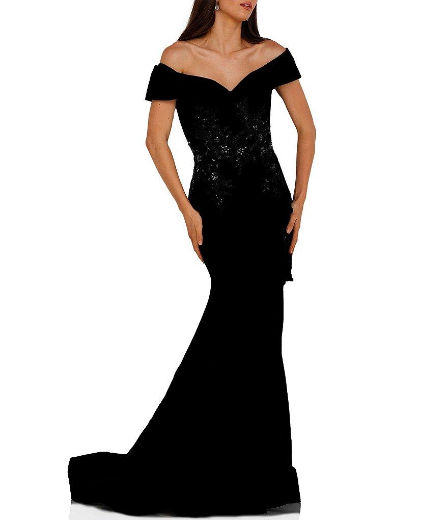 Terani Couture Off-the-Shoulder Short Sleeve Peplum Beaded Applique Mermaid Gown Product Image